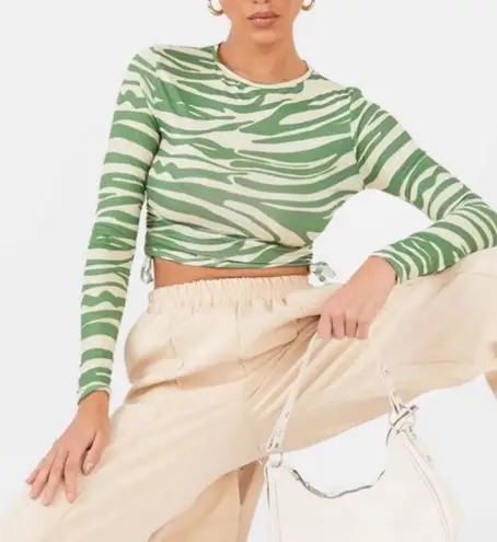 Pretty Little Thing  Women’s Green Zebra Print Jersey Tie Ruched Side Crop Top Sz 4 thumbnail 1