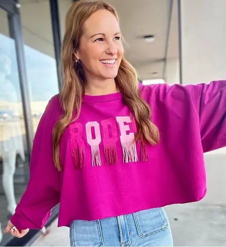 Peach Love California Let’s Go to the Rodeo Fringe Cropped Sweatshirt Pink M