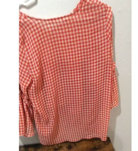 Pleione Large L tie front red checked sheer top ruffled long sleeve womens