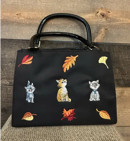kim rogers Embroidered Fall Cat Novelty Black Handbag Purse
