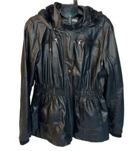 Cavalini Black Vegan Leather Faux Fur Lined Fitted Coat Size 3X Removable Hood