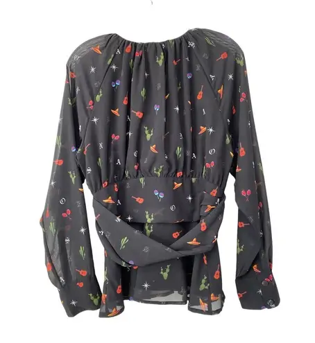 Eshakti Mariachi Print Twisted Sash Waist Peplum Blouse Size Large 14 Boho Chic