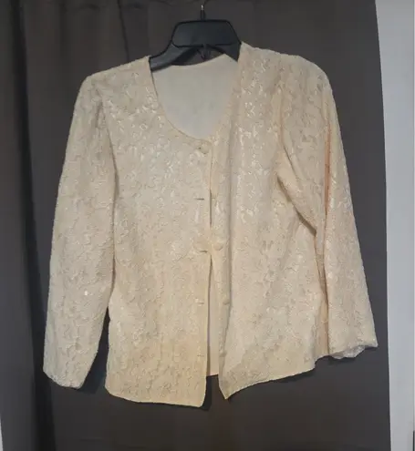 Floral Trim Vintage Cream Jacket, Romantic Lace Blazer, Handmade Outerwear Size M