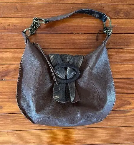 Chi Boho Brown Leather with Snake Skin Handle And Magnetic Snake Skin Closure.