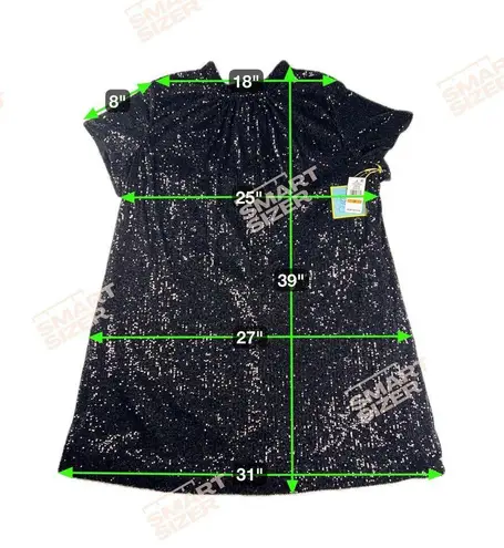 CeCe Black Sequin Cocktail Shift Dress Satin Tie Neck Short Sleeve NEW Size 3X