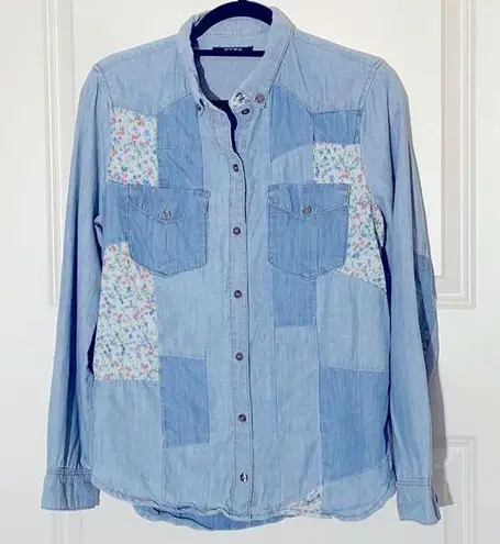 Kookai Chambray Patchwork Button Up Top Medium