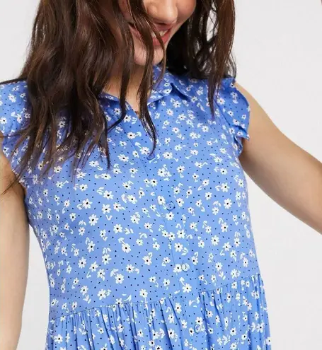 Stradivarius sleeveless shirt dress in blue floral print Sz Small Boho Ruffles