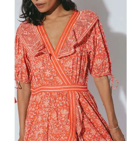 Cleobella Blair Tassel-Cuff Ruffle Short Sleeve Mini Dress Floral Orange Small S