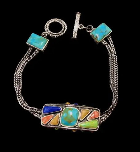 BARSE Sterling Silver Turquoise Coral Lapis Cabochon Thai Weave Toggle Bracelet