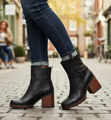 KORKS The Marci bootie 6.5 black stacked heel round toe platform buckle strap - Image 1