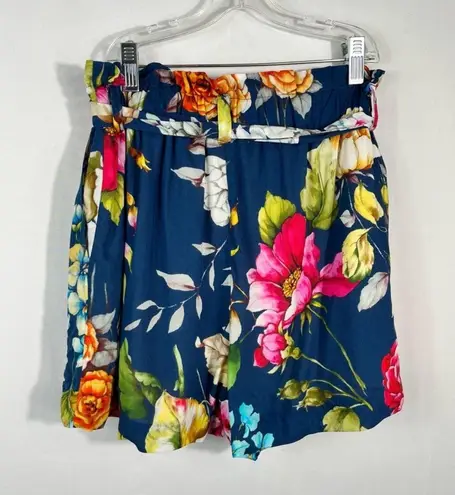 Lavender Brown Blue Floral Linen Blend High Rise Tie Waist Paper Bag Shorts S