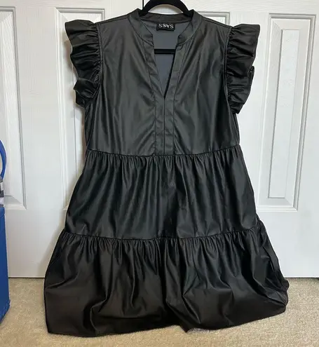 SSYS The Label Leather Flutter Tier Dress Black Leather Medium
