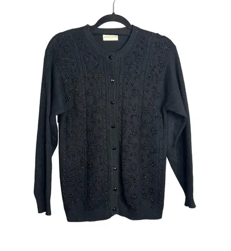 Jaclyn Smith Vintage Sweater Cardigan Black Embellished Beaded Floral Button
