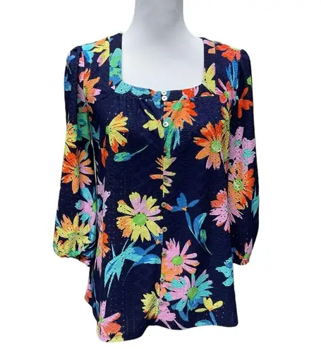 Greige Eyelet Summer Fun 3/4 Sleeve Pullover Top Size M Blue Size M