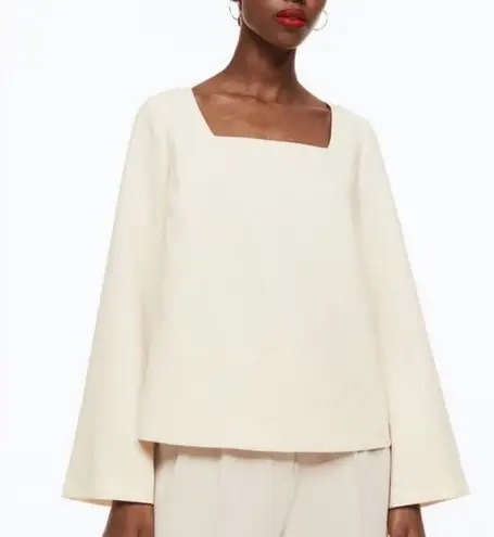 H&M cream double lined square neck wide sleeve crepe blouse