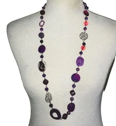 PURPLE ORANGE SILVER BEADED MULTI STONE LONG NECKLACE