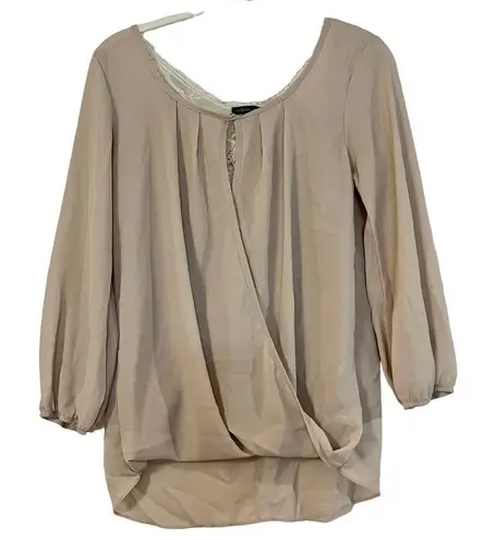 Cream/Tan Crossbody Wrap Blouse with Lace Back Small Tan