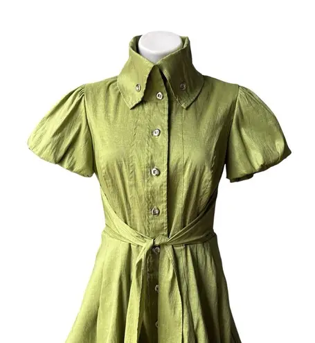 Frank Lyman Design Celery Green Bubble Hem Puff Sleeve Button Down Belted Dress Size 6