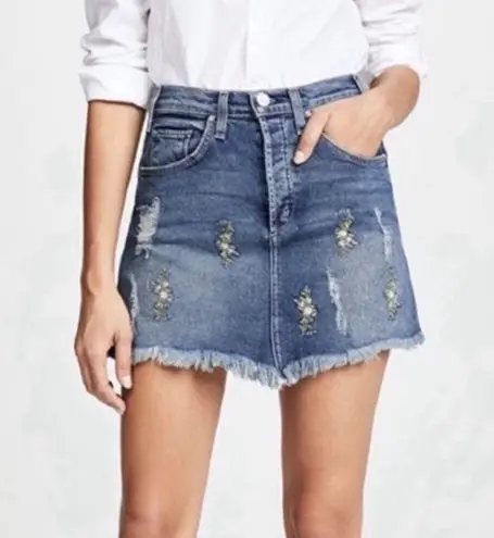McGuire Denim MCGUIRE IZABEL EMBROIDERED BLUE DENIM RAW HEM HIGH RISE MINI SKIRT 26