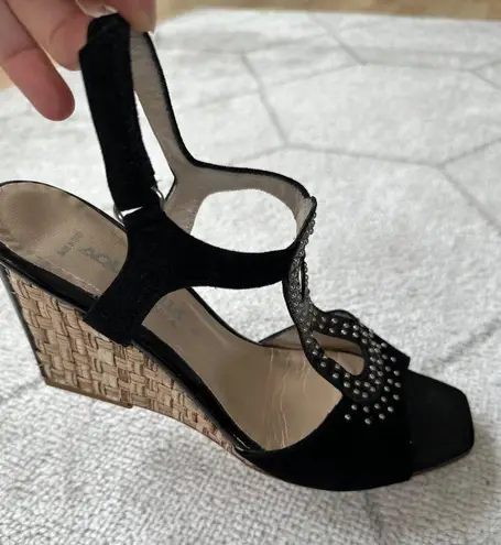 Aquatalia Open Toe Suede/Patent Leather/Straw Peep Toe Wedges Sz 8