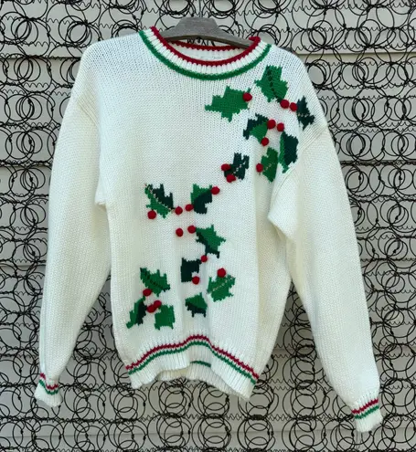 Vintage Holly Ivy Berries Crewneck Ugly Christmas Winter Sweater SMALL? White