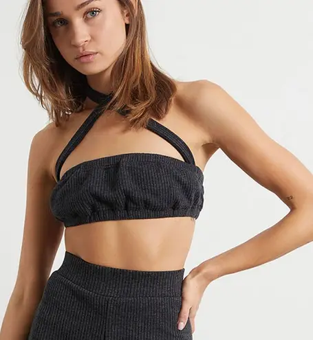 We Wore What New Tie Halter Bra Top Ribbed Knit Crop Top Charcoal Size Small