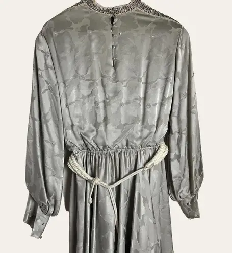 Rina diMontella Vintage Gray Floral Silk Long Sleeve Midi Dress Size Medium