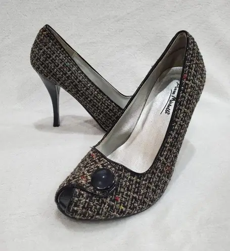 Anne Michelle Black Multicolor Tweed Open Toe Pumps Size 8