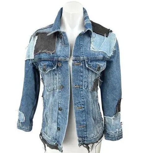 The Ragged Priest Women's Blue Patchwork Oversized Denim Jean Jacket Size S