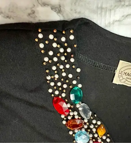Vintage 80s Bejeweled Black V Neck Tunic Top Dress Le Maglie Di Nives One Size Size undefined