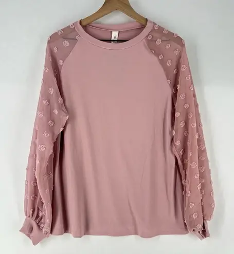 Petal Pink Lightweight Stretch Ribbed Knit Chiffon Swiss Dot Balloon Sleeve Top Size L