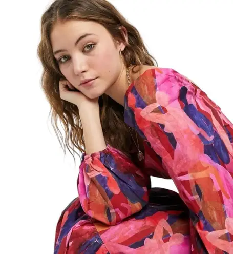 Never Fully Dressed Art To Wear Tiered Square Neckline Midi Dress in Multi Pink Size 2