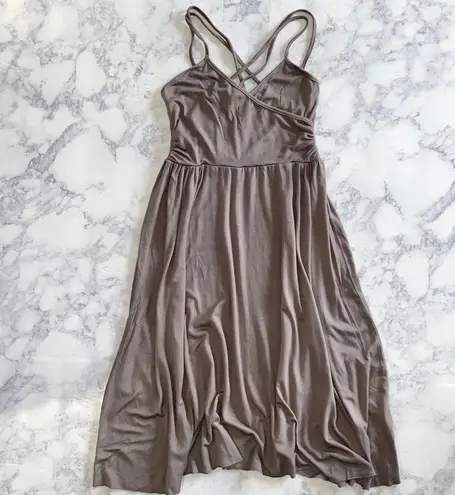 LA Made New Criss Cross Double Strap Wrap Asymmetric Mini Dress Taupe