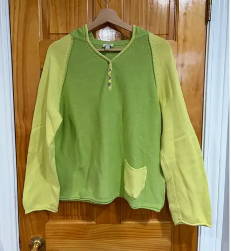 J. Jill Colorblock Knit Hoodie Lime Green Yellow Pullover Boho Casual L Size L