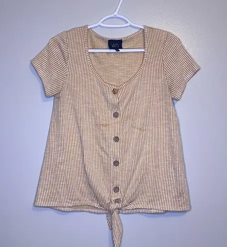 W5 Mustard Yellow Striped Buttons Tie Front Shirt Medium Short Sleeve Summer Top