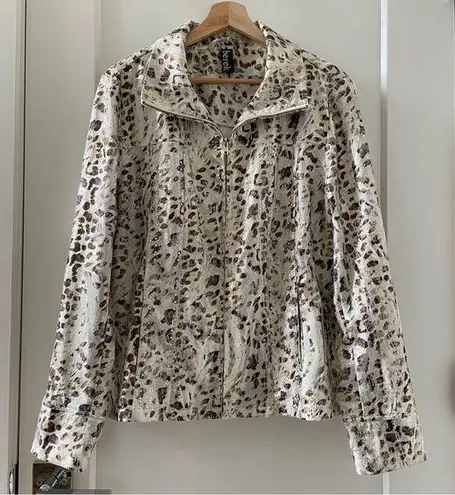 BEREK jacket blazer animal print beads faux suede drawstring collar zip up L Silver Size L
