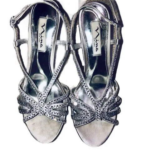 Nina  Bobbie silver rhinestone strappy heeled sandals