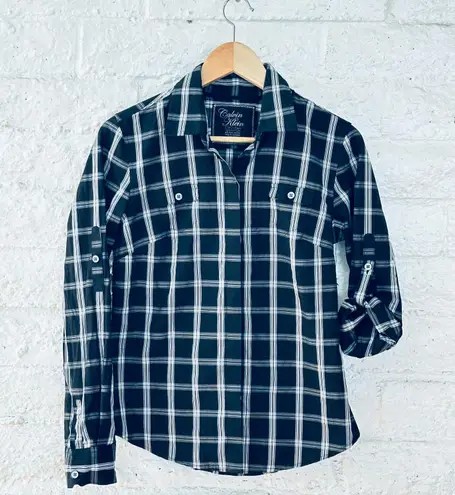 Calvin Klein women's long sleeve button down shirt, black check, adjustable sleeves, size S