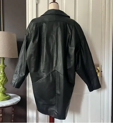 Vintage Leather Trench Jacket Puff Sleeve Button Front Black Oversized Large