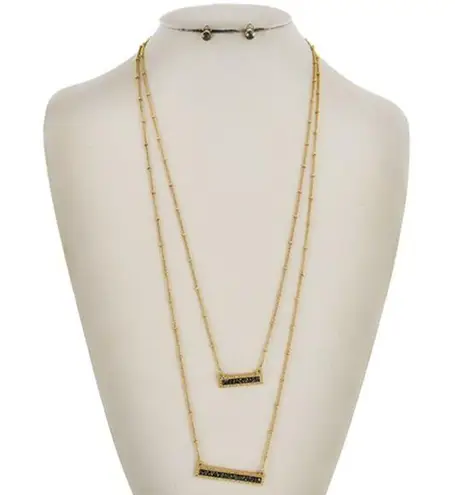 Matte Gold & Grey Rhinestone Layer Necklace & Earring Set