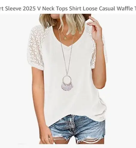 Merokeety Waffle Knit Lace Sleeve Top