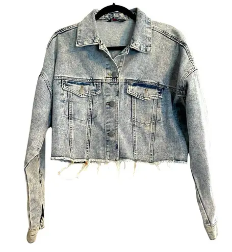 Excuse Womens Denim Blue Cropped Raw Hem Denim Jacket Size L Size L