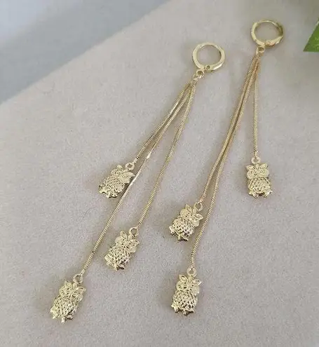 Gold Filled Huggie Hoop Earrings Dangle Owl Charms