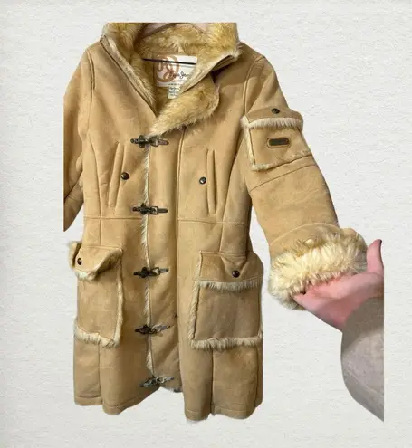 Pepe Jeans Tan Winter Overcoat M Faux Fur Trim Toggle Buttons Penny Lane Y2K 70s