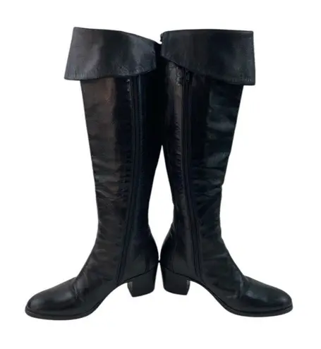 *Vero Cuoio Boots Womens Sz 36 Black Leather Knee High Fold Over Classic Luxury