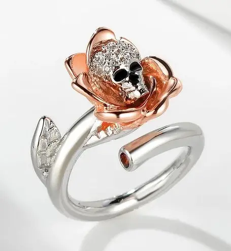 New Rose Flower Gothic Skull Silver Color Ring free size fits to size 12