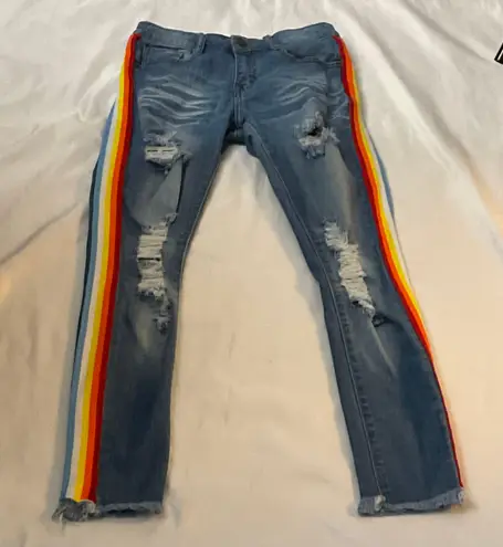 Machine Pour Neuf Mode Rainbow Distressed Denim Jean PRIDE 5/28 Red