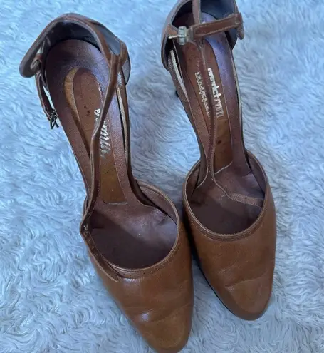 Nordstrom Vintage  7.5 Brown Tan Leather Cutout Accent D'Orsay Pumps Heels Strap