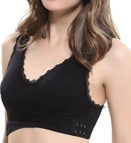Womens sports front cross side buckle push up lace non wired bralette bra NWOT Black Size L