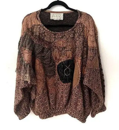 Vintage Jackart Italy Bronze Metallic Floral Patchwork Design Pullover Sweater Size L